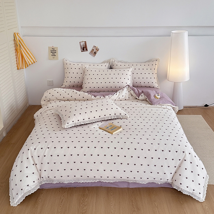 91家纺网 家纺一手货源 找家纺 斯卡诺家纺 2025新款纯棉花边双层纱夏被四件套水洗棉夏被四件套 紫爱心