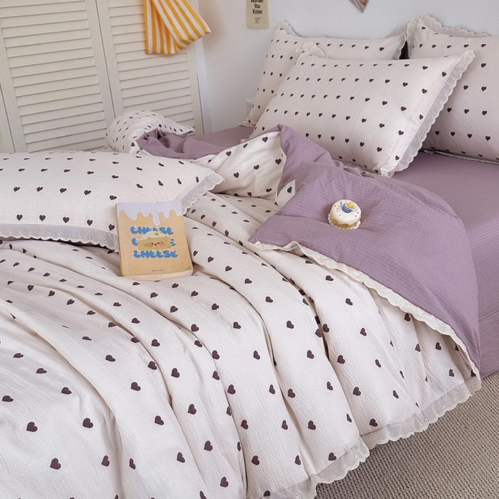 91家纺网 家纺一手货源 找家纺 斯卡诺家纺 2025新款纯棉花边双层纱夏被四件套水洗棉夏被四件套 紫爱心