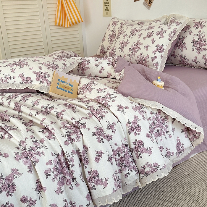 91家纺网 家纺一手货源 找家纺 斯卡诺家纺 2025新款纯棉花边双层纱夏被四件套水洗棉夏被四件套 紫风铃