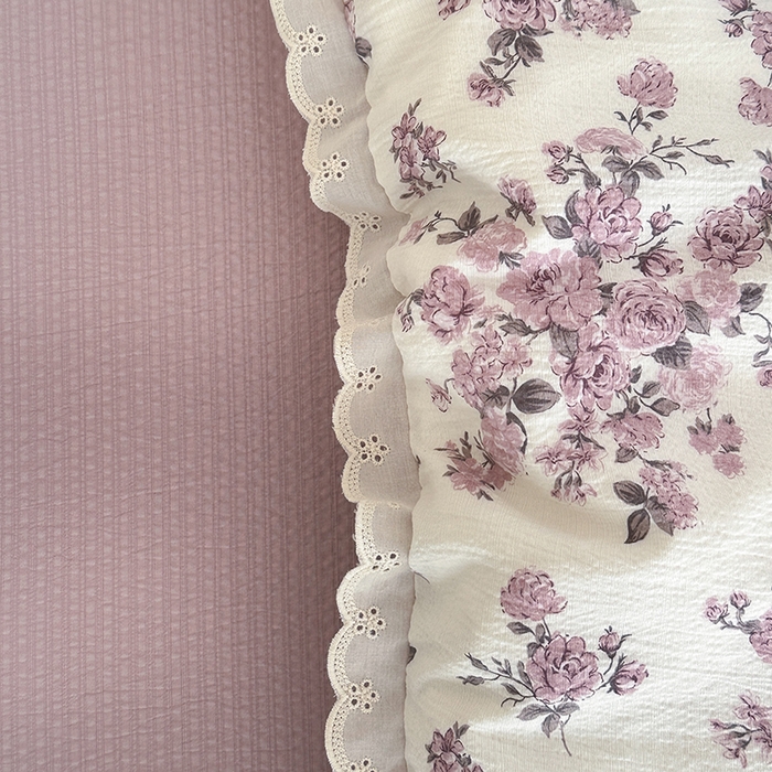 91家纺网 家纺一手货源 找家纺 斯卡诺家纺 2025新款纯棉花边双层纱夏被四件套水洗棉夏被四件套 紫风铃