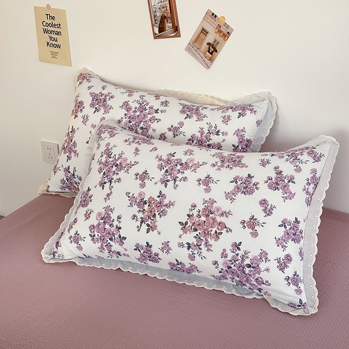 91家纺网 家纺一手货源 找家纺 斯卡诺家纺 2025新款纯棉花边双层纱夏被四件套水洗棉夏被四件套 紫风铃