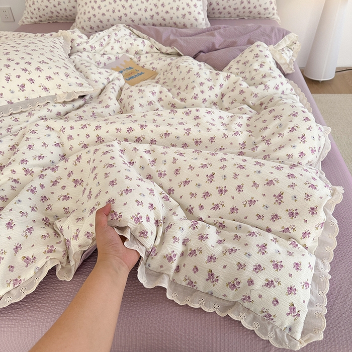 91家纺网 家纺一手货源 找家纺 斯卡诺家纺 2025新款纯棉花边双层纱夏被四件套水洗棉夏被四件套 紫苏