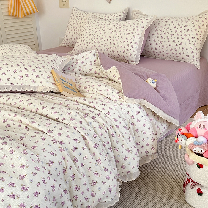 91家纺网 家纺一手货源 找家纺 斯卡诺家纺 2025新款纯棉花边双层纱夏被四件套水洗棉夏被四件套 紫苏