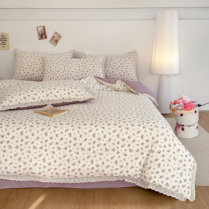 91家纺网 家纺一手货源 找家纺 斯卡诺家纺 2025新款纯棉花边双层纱夏被四件套水洗棉夏被四件套 紫苏