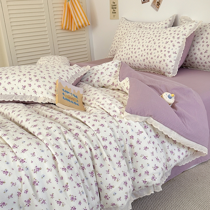 91家纺网 家纺一手货源 找家纺 斯卡诺家纺 2025新款纯棉花边双层纱夏被四件套水洗棉夏被四件套 紫苏