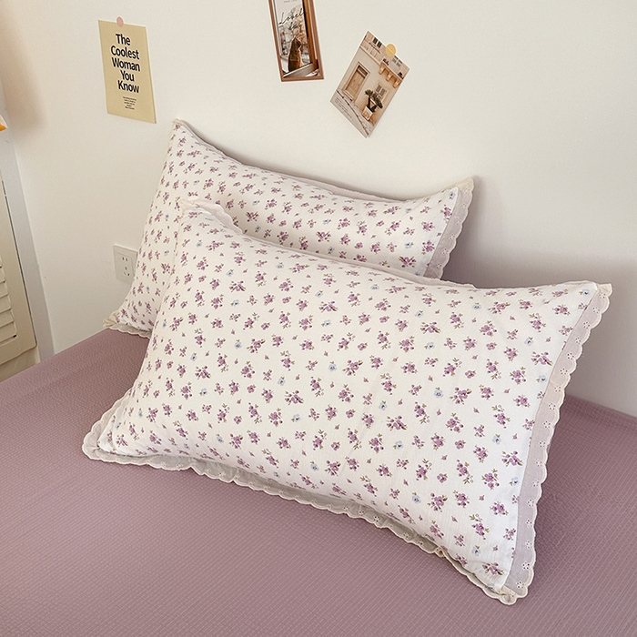 91家纺网 家纺一手货源 找家纺 斯卡诺家纺 2025新款纯棉花边双层纱夏被四件套水洗棉夏被四件套 紫苏