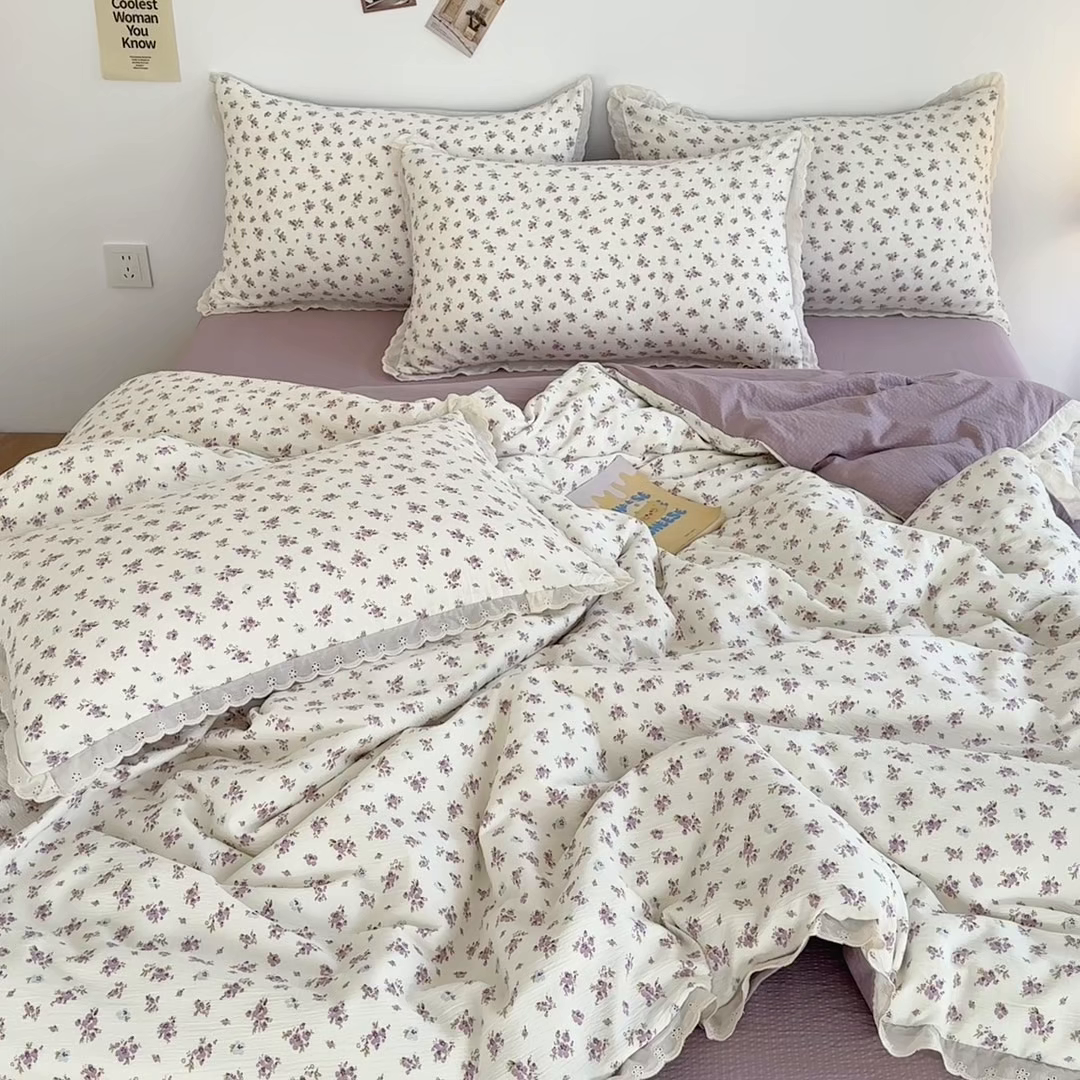 91家纺网 家纺一手货源 找家纺 斯卡诺家纺 2025新款纯棉花边双层纱夏被四件套水洗棉夏被四件套 紫苏