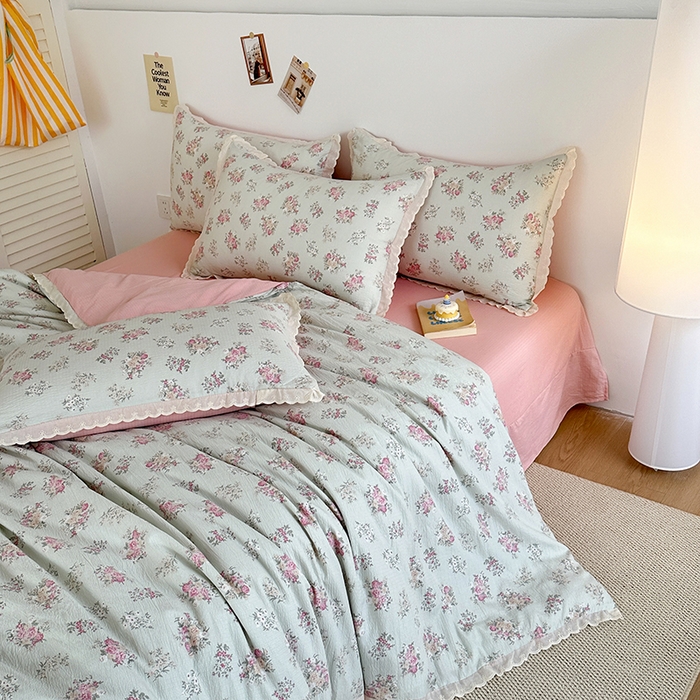 91家纺网 家纺一手货源 找家纺 （总）斯卡诺家纺 2025新款纯棉花边双层纱夏被四件套水洗棉夏被四件套