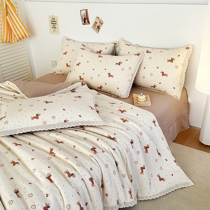 91家纺网 家纺一手货源 找家纺 （总）斯卡诺家纺 2025新款纯棉花边双层纱夏被四件套水洗棉夏被四件套