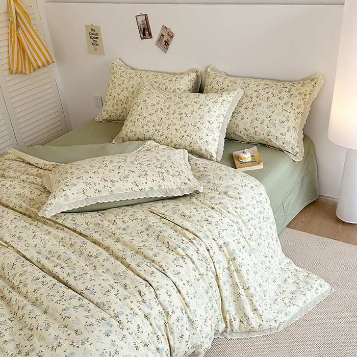 91家纺网 家纺一手货源 找家纺 （总）斯卡诺家纺 2025新款纯棉花边双层纱夏被四件套水洗棉夏被四件套