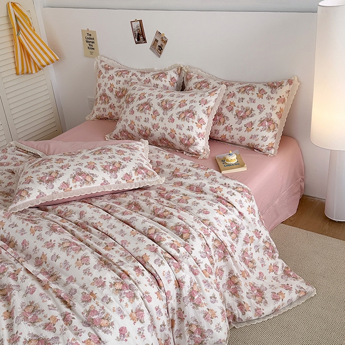 91家纺网 家纺一手货源 找家纺 （总）斯卡诺家纺 2025新款纯棉花边双层纱夏被四件套水洗棉夏被四件套