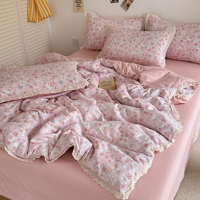 91家纺网 家纺一手货源 找家纺 （总）斯卡诺家纺 2025新款纯棉花边双层纱四件套水洗棉四件套