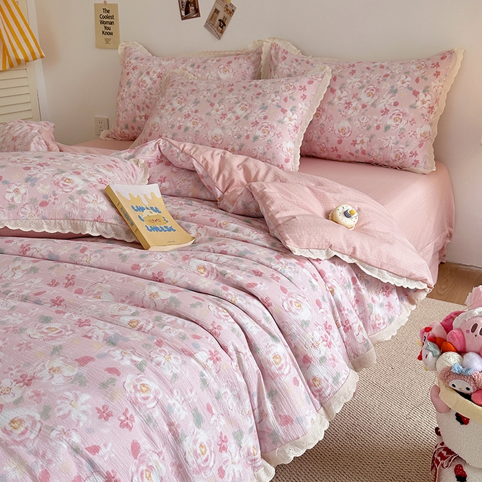 91家纺网 家纺一手货源 找家纺 （总）斯卡诺家纺 2025新款纯棉花边双层纱四件套水洗棉四件套