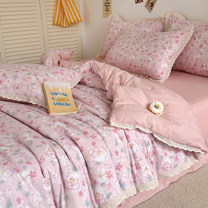 91家纺网 家纺一手货源 找家纺 （总）斯卡诺家纺 2025新款纯棉花边双层纱四件套水洗棉四件套