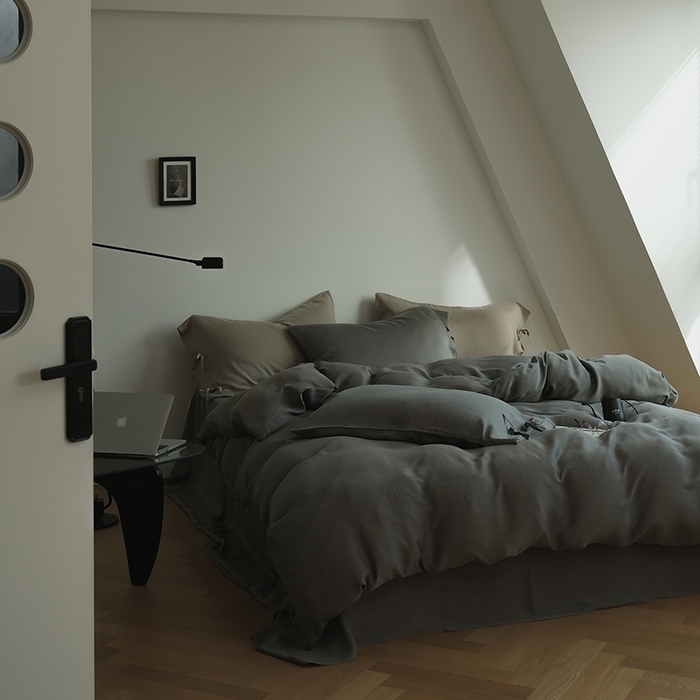 91家纺网 家纺一手货源 找家纺 简纯主义 2025春夏新款60S进口兰精天丝日系系绳四件套--山本 山本-黑暮