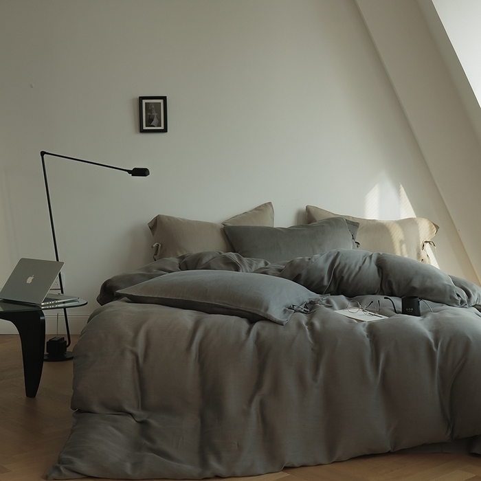 91家纺网 家纺一手货源 找家纺 简纯主义 2025春夏新款60S进口兰精天丝日系系绳四件套--山本 山本-黑暮