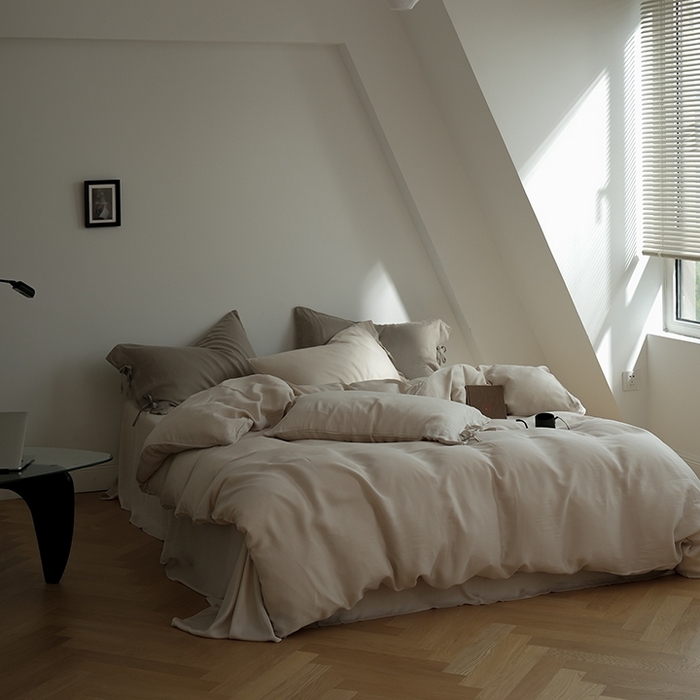 91家纺网 家纺一手货源 找家纺 简纯主义 2025春夏新款60S进口兰精天丝日系系绳四件套--山本 山本-奶杏