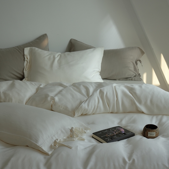 91家纺网 家纺一手货源 找家纺 简纯主义 2025春夏新款60S进口兰精天丝日系系绳四件套--山本 山本-珍珠白