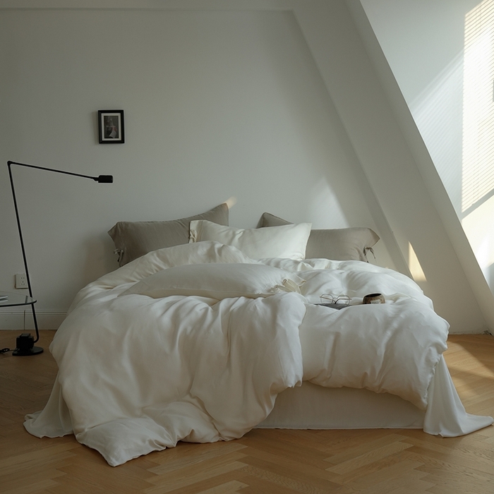 91家纺网 家纺一手货源 找家纺 简纯主义 2025春夏新款60S进口兰精天丝日系系绳四件套--山本 山本-珍珠白