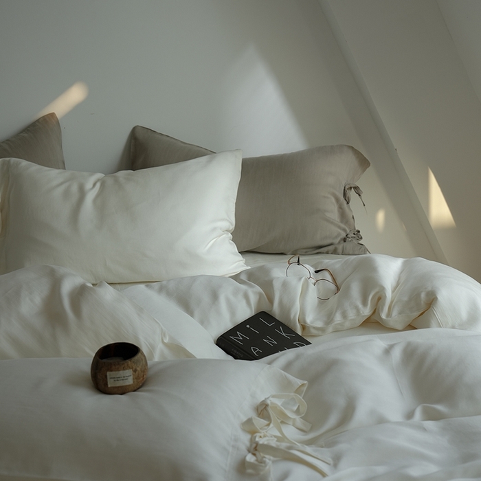 91家纺网 家纺一手货源 找家纺 简纯主义 2025春夏新款60S进口兰精天丝日系系绳四件套--山本 山本-珍珠白