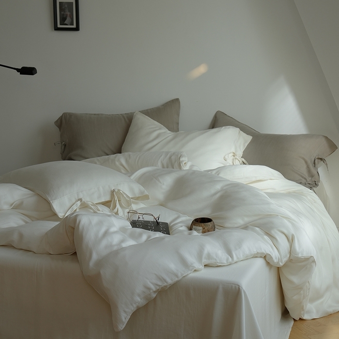 91家纺网 家纺一手货源 找家纺 简纯主义 2025春夏新款60S进口兰精天丝日系系绳四件套--山本 山本-珍珠白