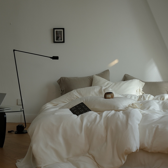 91家纺网 家纺一手货源 找家纺 简纯主义 2025春夏新款60S进口兰精天丝日系系绳四件套--山本 山本-珍珠白