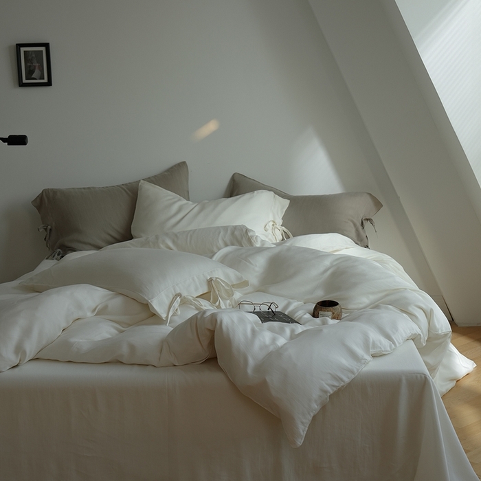 91家纺网 家纺一手货源 找家纺 简纯主义 2025春夏新款60S进口兰精天丝日系系绳四件套--山本 山本-珍珠白