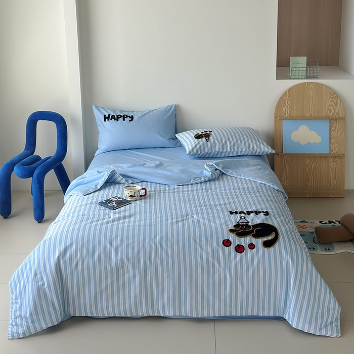 91家纺网 家纺一手货源 找家纺 怡家居 2025新款全棉印加绣夏被夏凉被空调被四件套 快乐黑猫