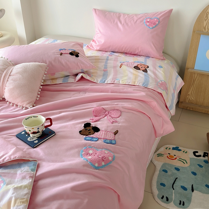 91家纺网 家纺一手货源 找家纺 怡家居 2025新款全棉印加绣夏被夏凉被空调被四件套 条纹小狗