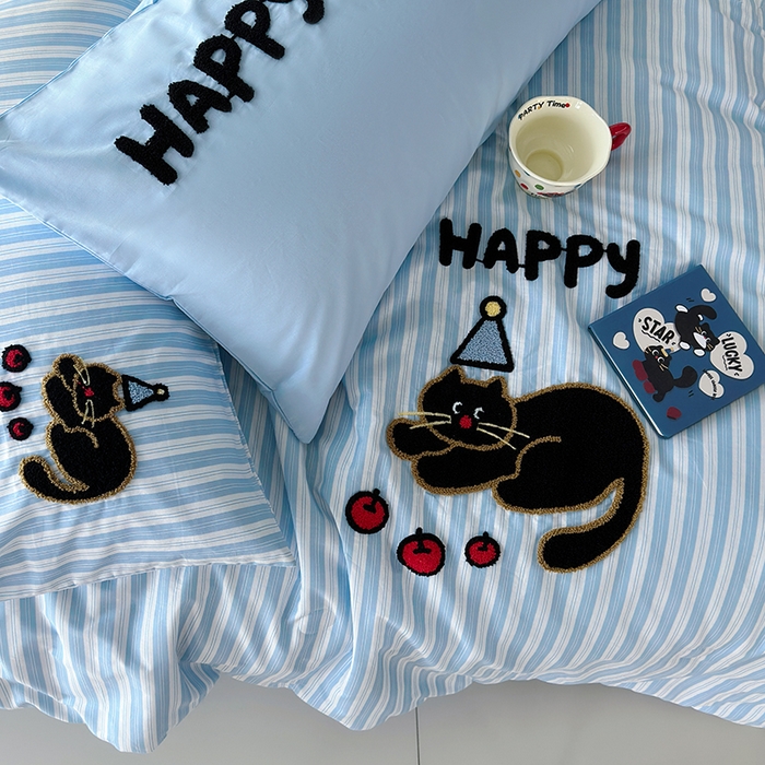 91家纺网 家纺一手货源 找家纺 怡家居 2025新款全棉印加绣夏被夏凉被空调被四件套 快乐黑猫