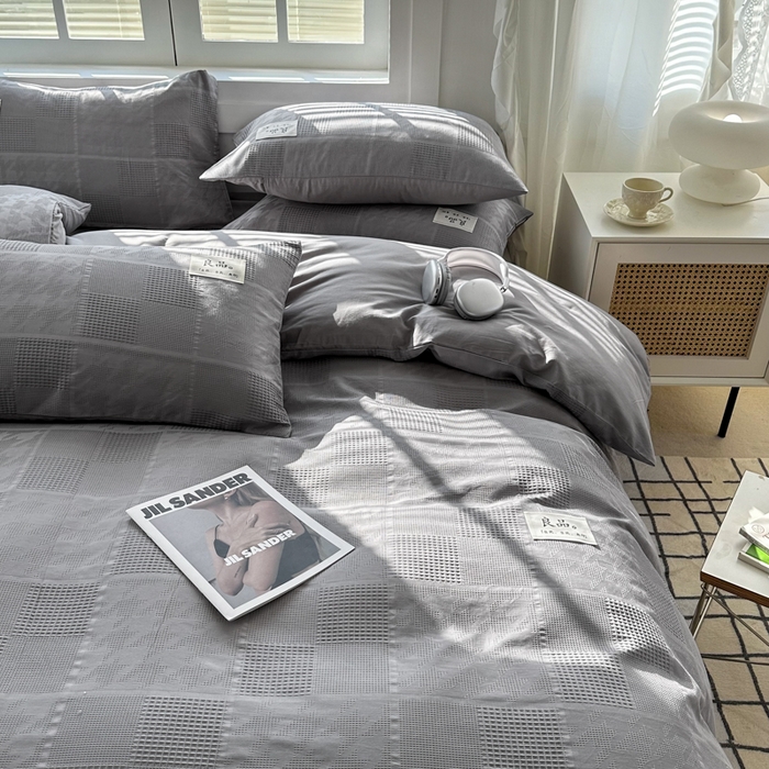 91家纺网 家纺一手货源 找家纺 眠博士 2025新款60支高密全棉提花华夫格麦穗款四件套 华夫格-方格灰