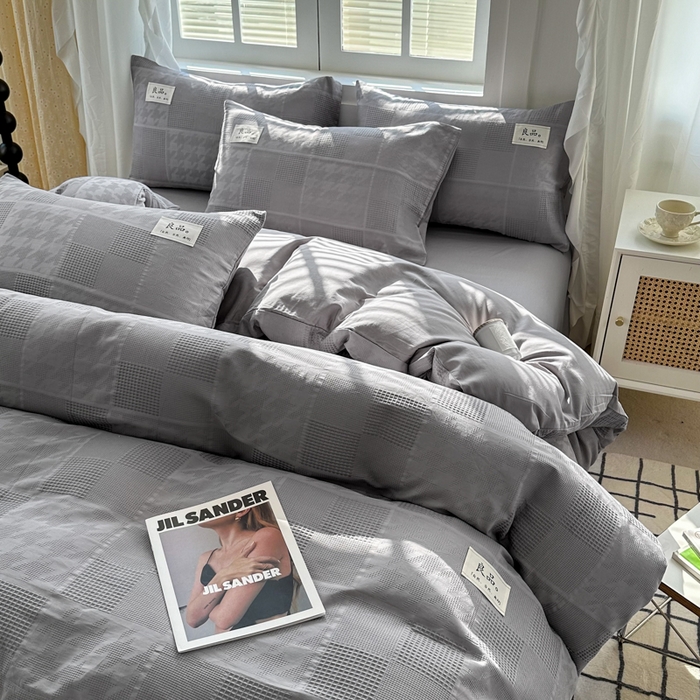 91家纺网 家纺一手货源 找家纺 眠博士 2025新款60支高密全棉提花华夫格麦穗款四件套 华夫格-方格灰