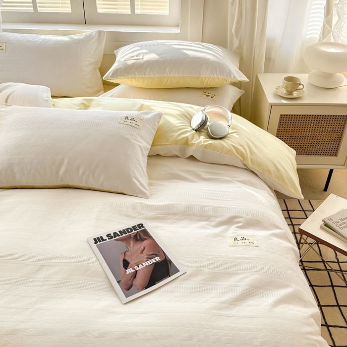 91家纺网 家纺一手货源 找家纺 眠博士 2025新款60支高密全棉提花华夫格麦穗款四件套 华夫格-麦穗白