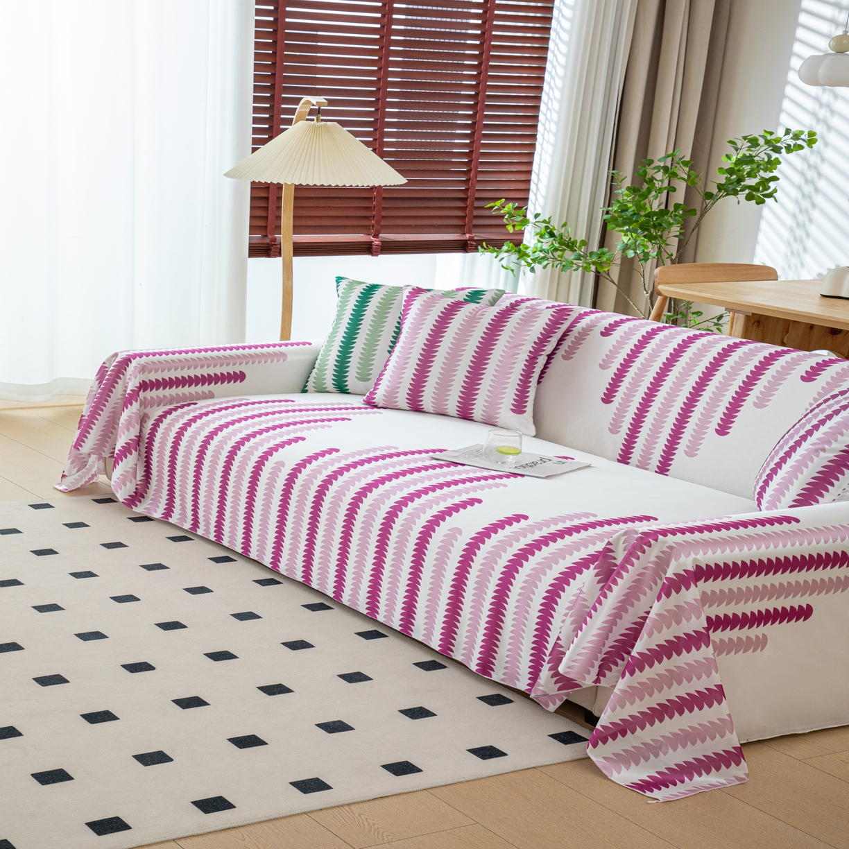 91家纺网 家纺一手货源 找家纺 沐沐家纺 2026新款冰丝印花茂林修竹拱门沙发巾 冰丝茂林修竹沙发巾-玫红色