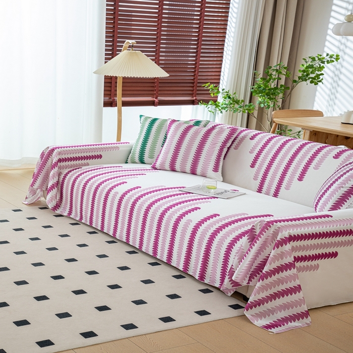 91家纺网 家纺一手货源 找家纺 沐沐家纺 2026新款冰丝印花茂林修竹拱门沙发巾 冰丝茂林修竹沙发巾-玫红色