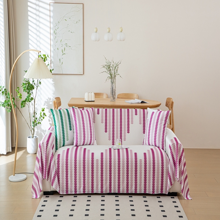 91家纺网 家纺一手货源 找家纺 沐沐家纺 2026新款冰丝印花茂林修竹拱门沙发巾 冰丝茂林修竹沙发巾-玫红色