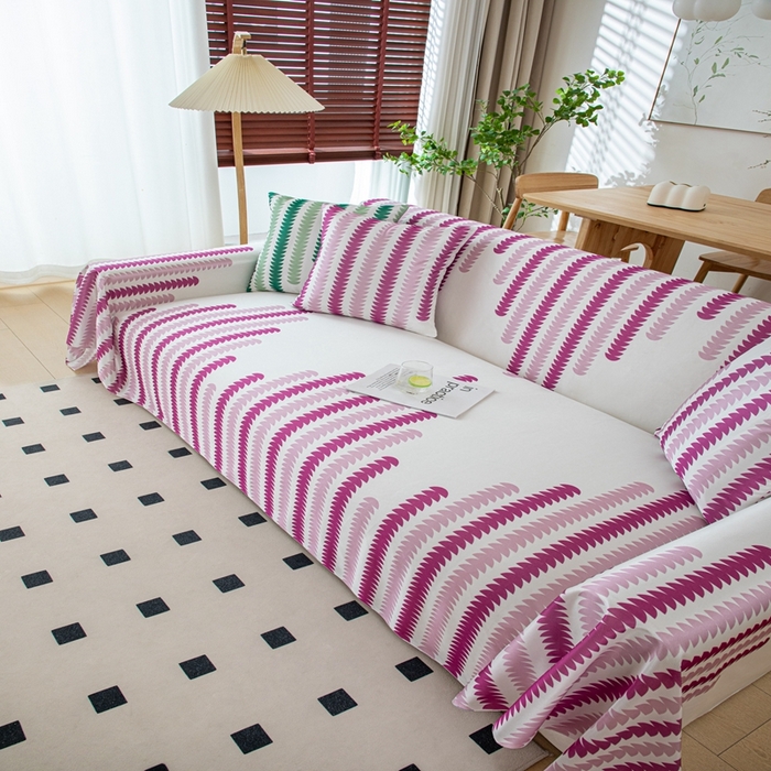 91家纺网 家纺一手货源 找家纺 沐沐家纺 2026新款冰丝印花茂林修竹拱门沙发巾 冰丝茂林修竹沙发巾-玫红色