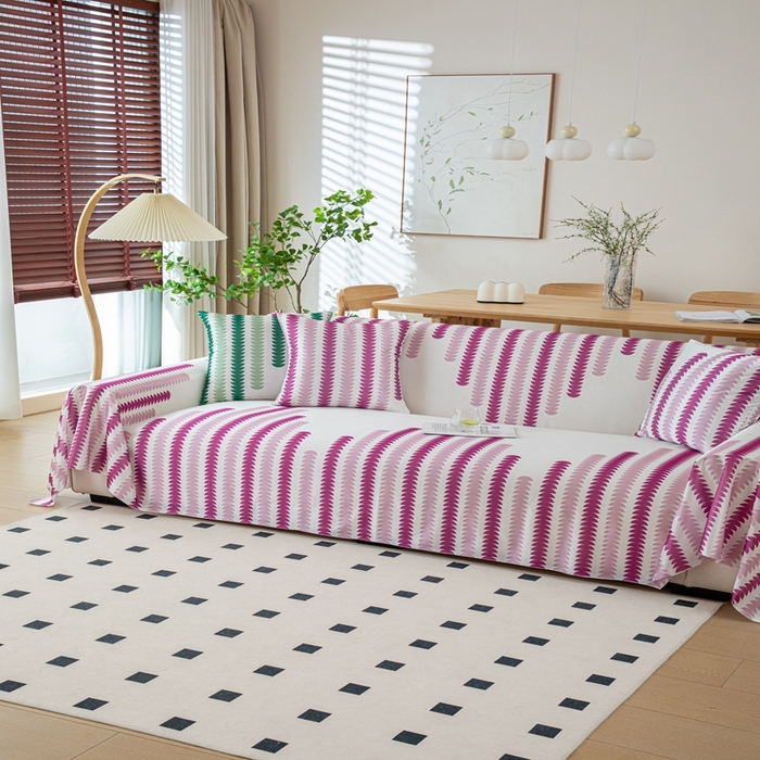 91家纺网 家纺一手货源 找家纺 沐沐家纺 2026新款冰丝印花茂林修竹拱门沙发巾 冰丝茂林修竹沙发巾-玫红色