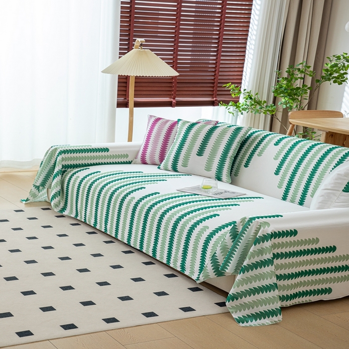 91家纺网 家纺一手货源 找家纺 沐沐家纺 2026新款冰丝印花茂林修竹拱门沙发巾 冰丝茂林修竹沙发巾-绿色