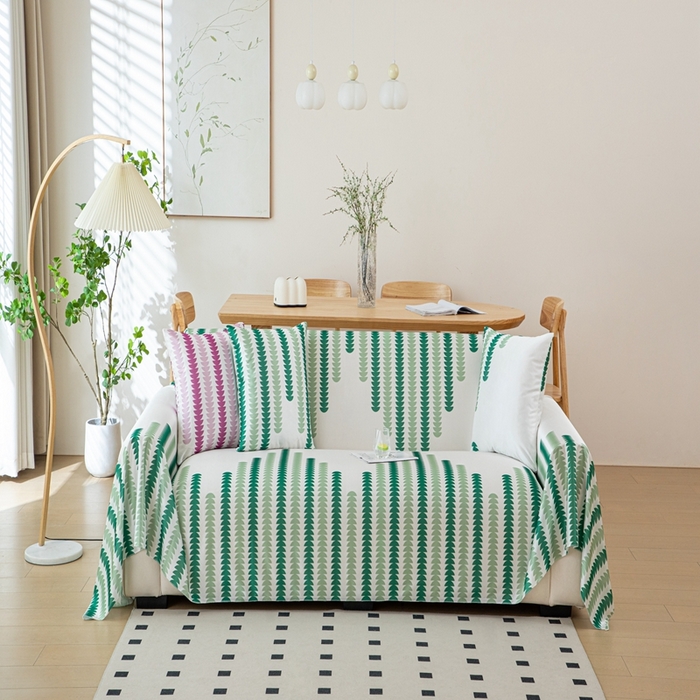 91家纺网 家纺一手货源 找家纺 沐沐家纺 2026新款冰丝印花茂林修竹拱门沙发巾 冰丝茂林修竹沙发巾-绿色