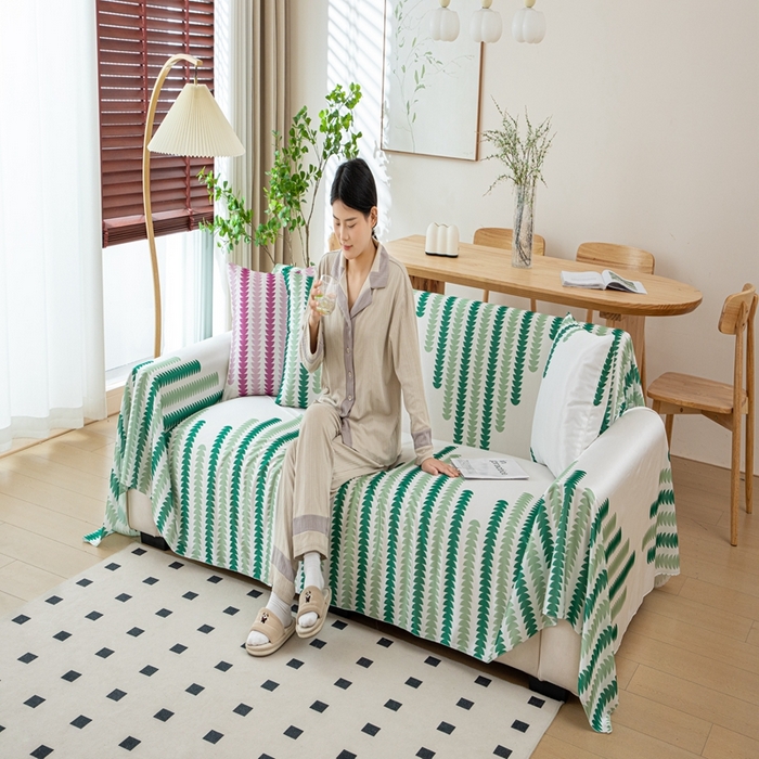 91家纺网 家纺一手货源 找家纺 沐沐家纺 2026新款冰丝印花茂林修竹拱门沙发巾 冰丝茂林修竹沙发巾-绿色