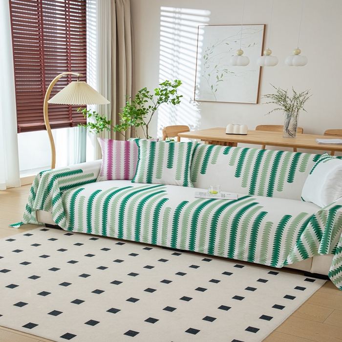 91家纺网 家纺一手货源 找家纺 沐沐家纺 2026新款冰丝印花茂林修竹拱门沙发巾 冰丝茂林修竹沙发巾-绿色