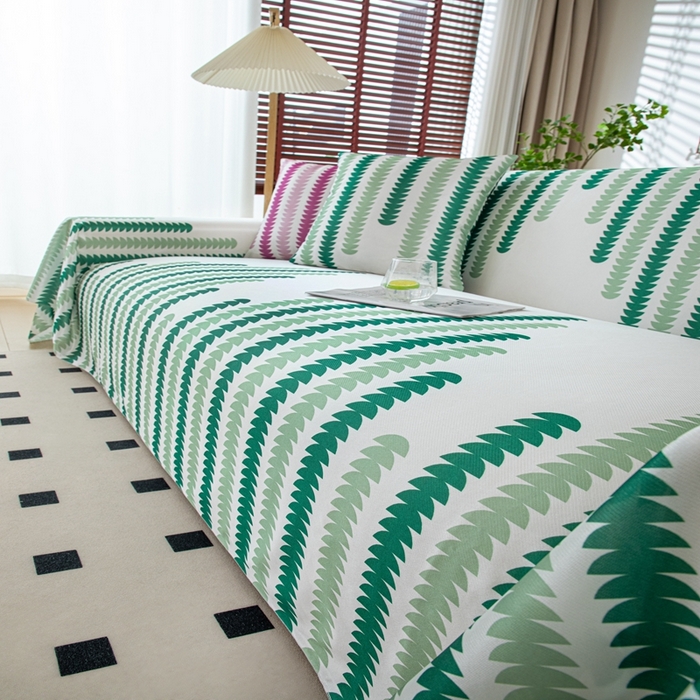 91家纺网 家纺一手货源 找家纺 沐沐家纺 2026新款冰丝印花茂林修竹拱门沙发巾 冰丝茂林修竹沙发巾-绿色