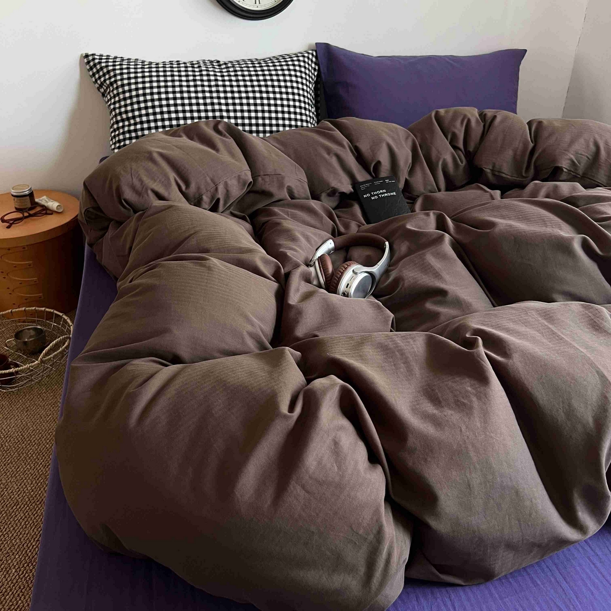 91家纺网 家纺一手货源 找家纺 蜜宿 2025新款全棉人字纹四件套-椰椰紫萝 椰椰紫萝（黑小格混搭紫萝）