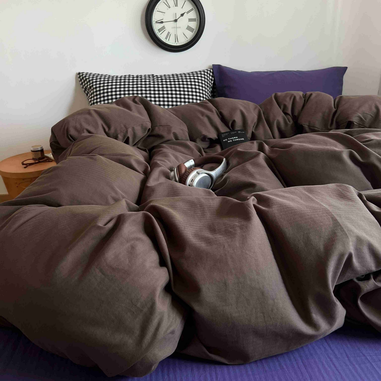 91家纺网 家纺一手货源 找家纺 蜜宿 2025新款全棉人字纹四件套-椰椰紫萝 椰椰紫萝（黑小格混搭紫萝）