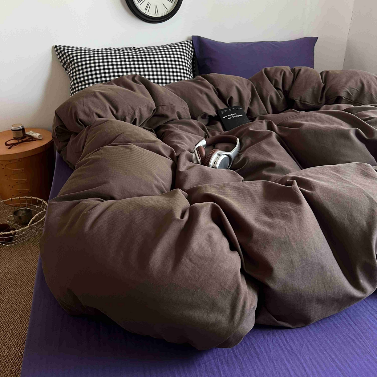 91家纺网 家纺一手货源 找家纺 蜜宿 2025新款全棉人字纹四件套-椰椰紫萝 椰椰紫萝（黑小格混搭紫萝）