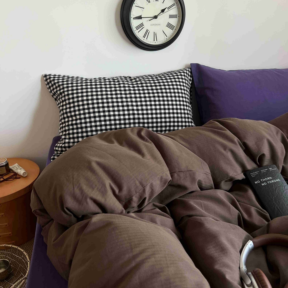 91家纺网 家纺一手货源 找家纺 蜜宿 2025新款全棉人字纹四件套-椰椰紫萝 椰椰紫萝（黑小格混搭紫萝）