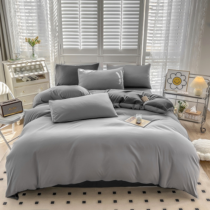 91家纺网 家纺一手货源 找家纺 啊雅家居 2025新款学生宿舍双拼磨毛被套床单床笠单品三件套四件套 浅灰加深灰