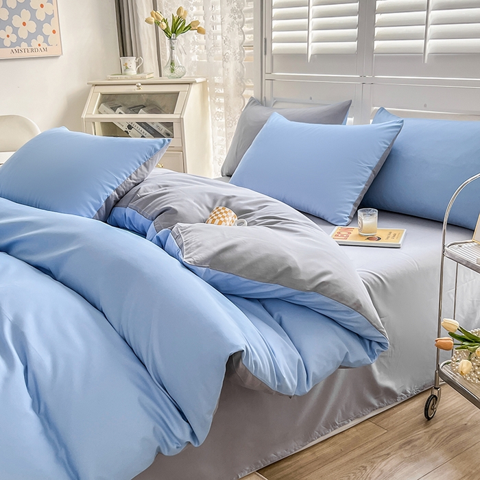 91家纺网 家纺一手货源 找家纺 啊雅家居 2025新款学生宿舍双拼磨毛被套床单床笠单品三件套四件套 天空兰加浅灰