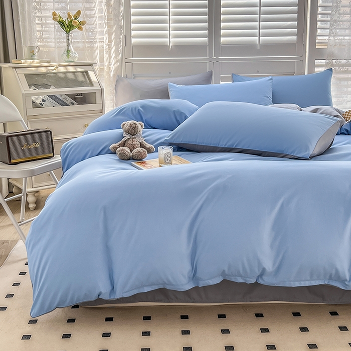 91家纺网 家纺一手货源 找家纺 啊雅家居 2025新款学生宿舍双拼磨毛被套床单床笠单品三件套四件套 天空兰加浅灰